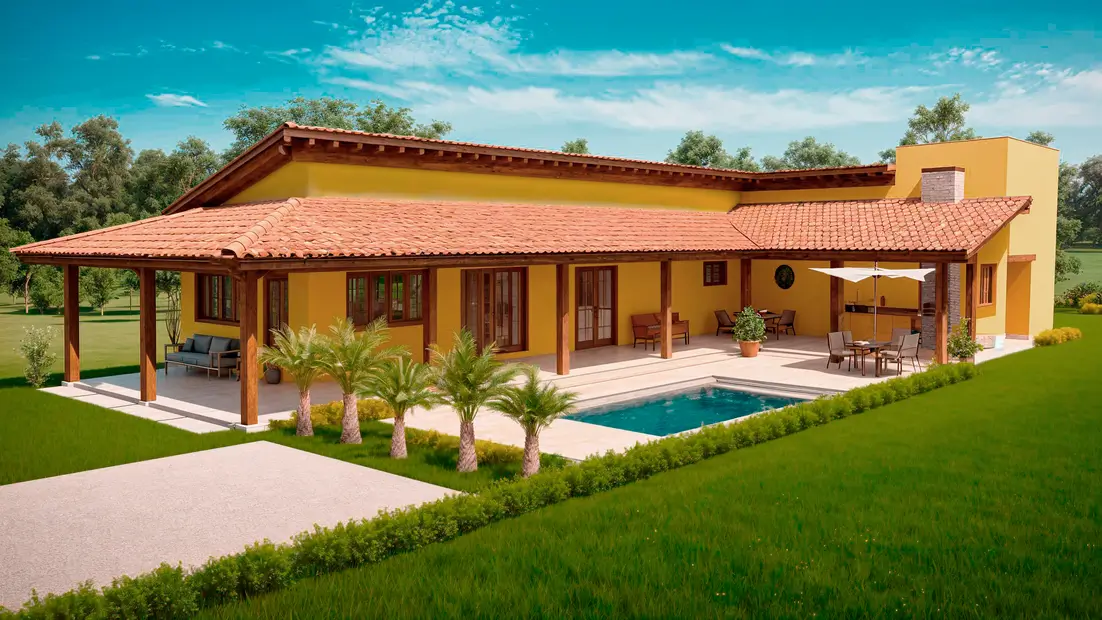 modelo de casa de campo con piscina