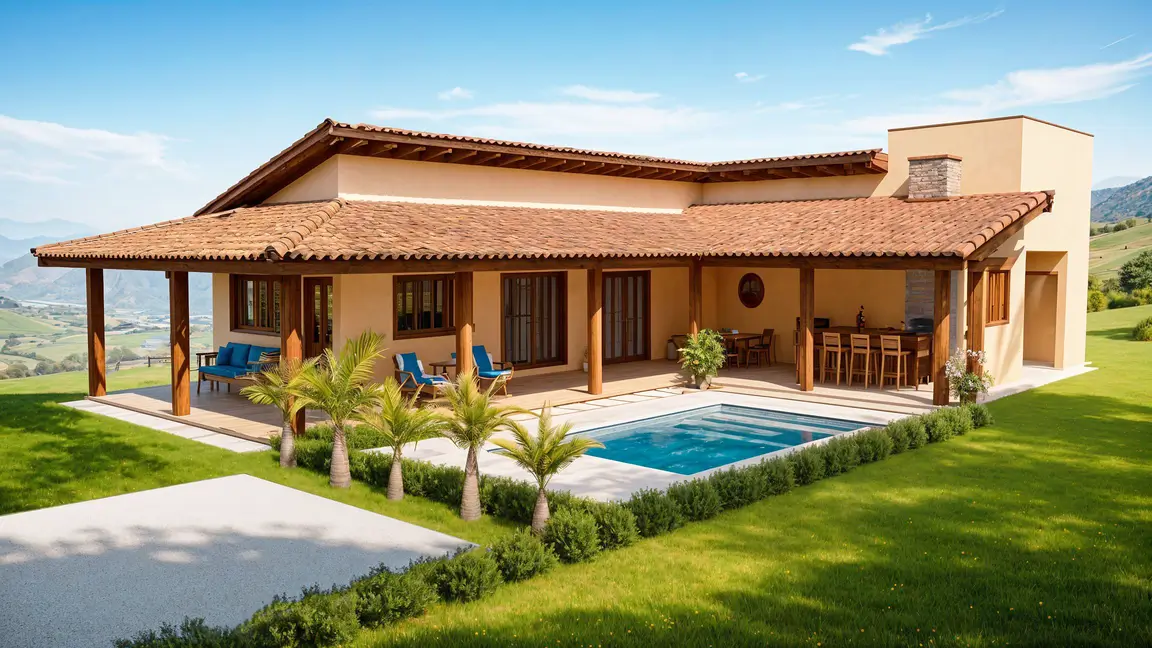 casa en L con piscina