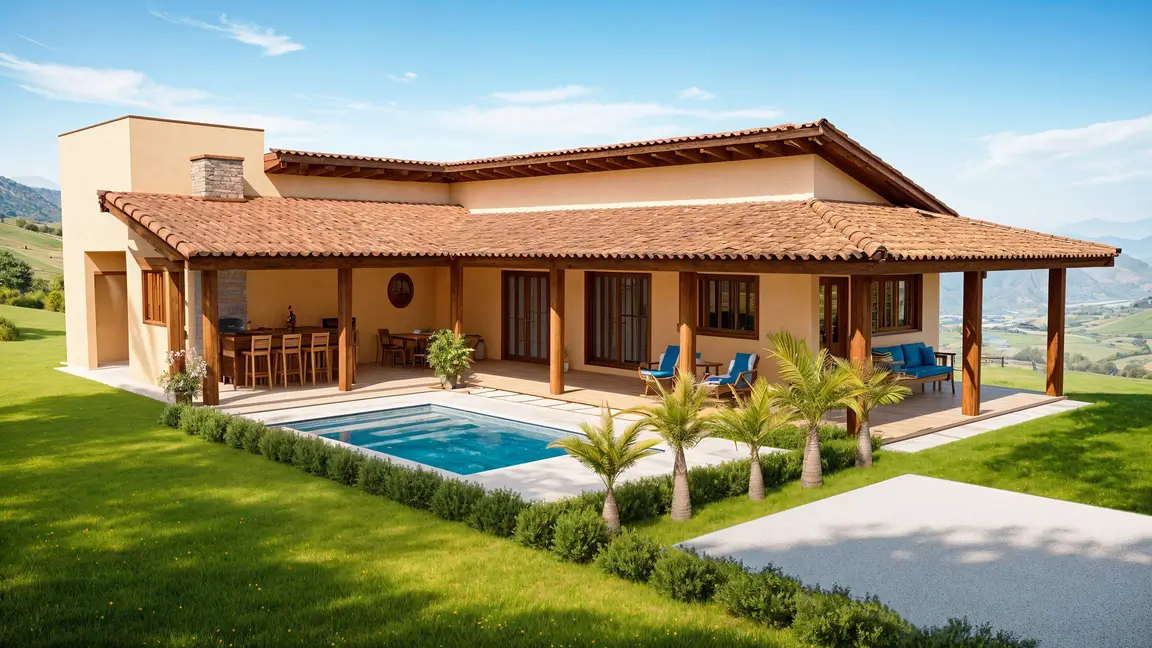 casa en l con piscina