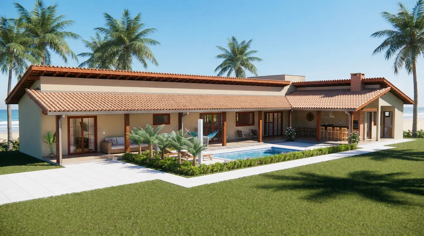 casa en L con piscina