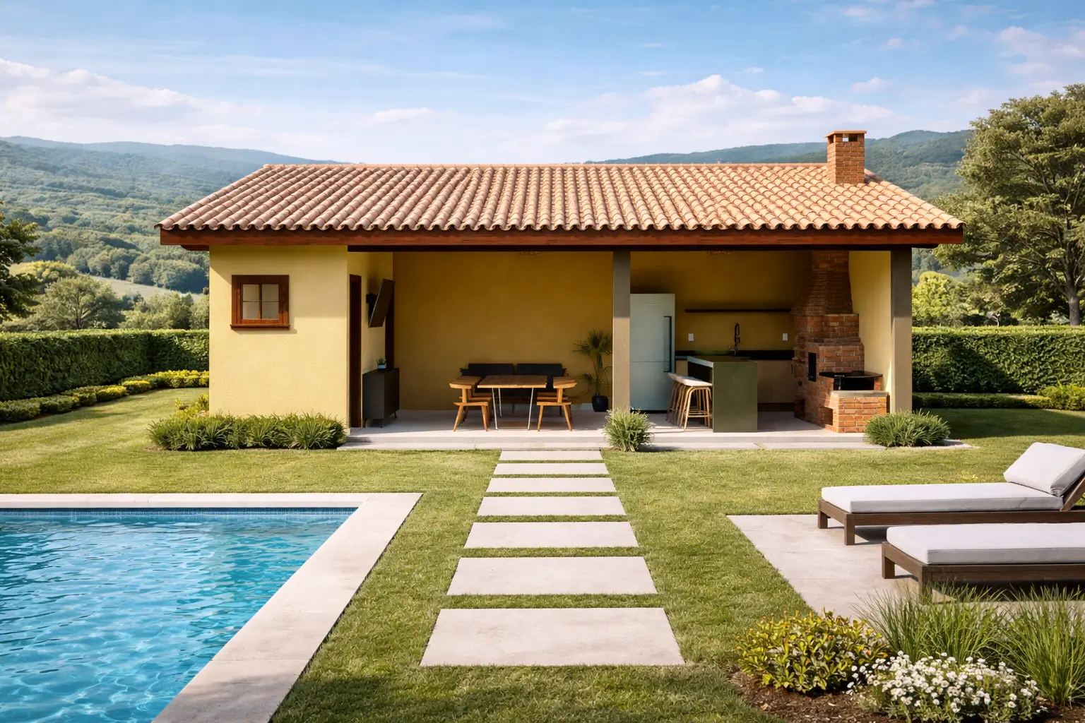 área gourmet sencilla con piscina