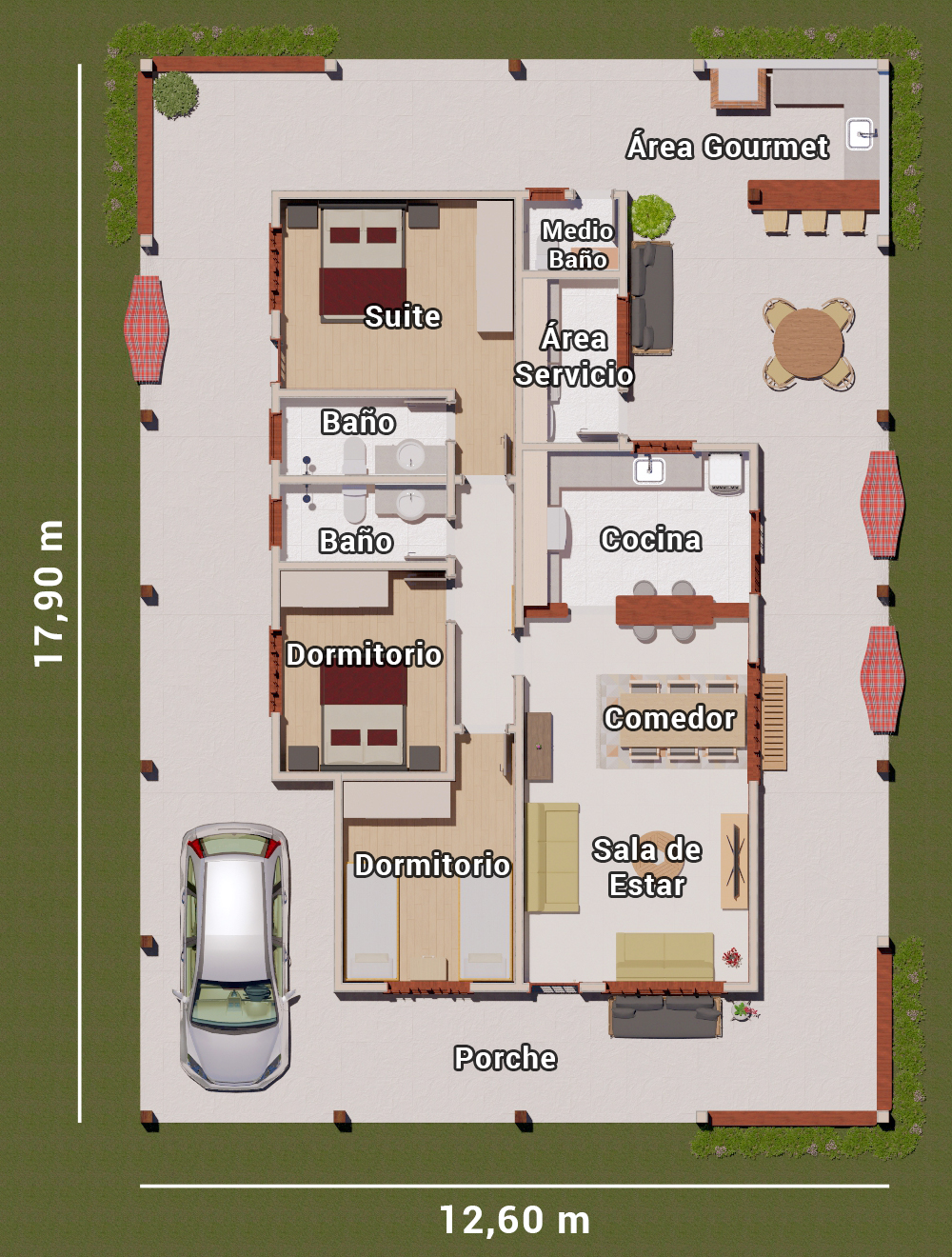 plano de casa de campo con porche