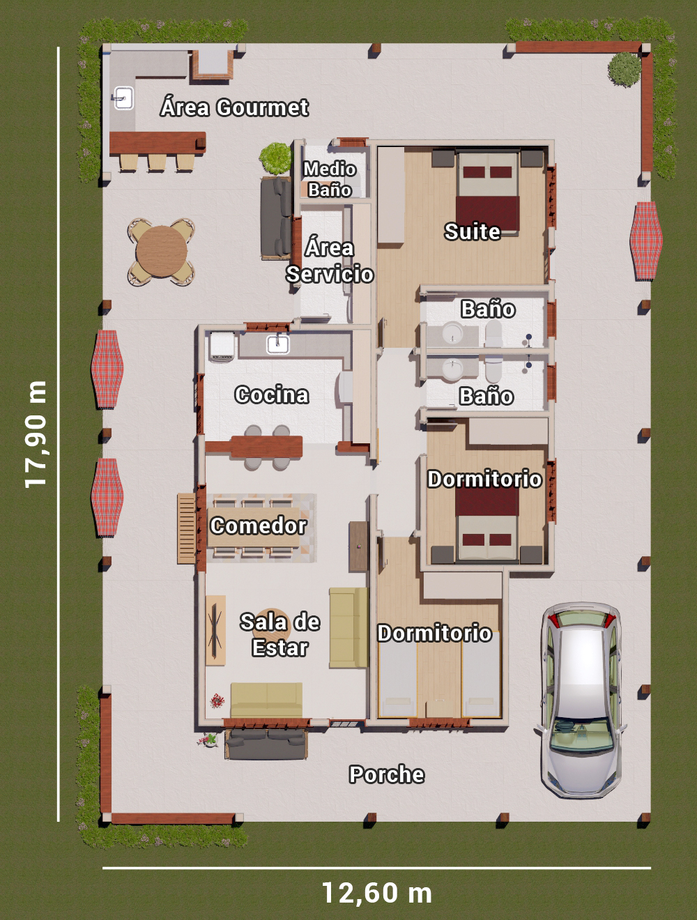 casa con porche y 3 dormitorios