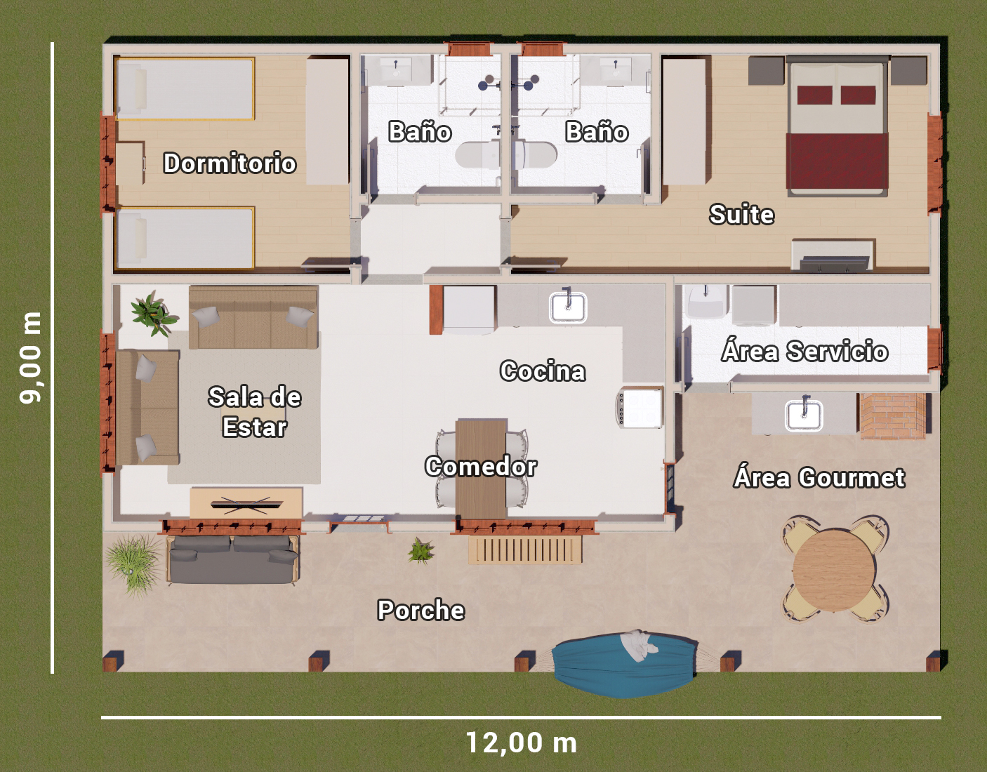 plano de casa de campo sencilla con 2 dormitorios