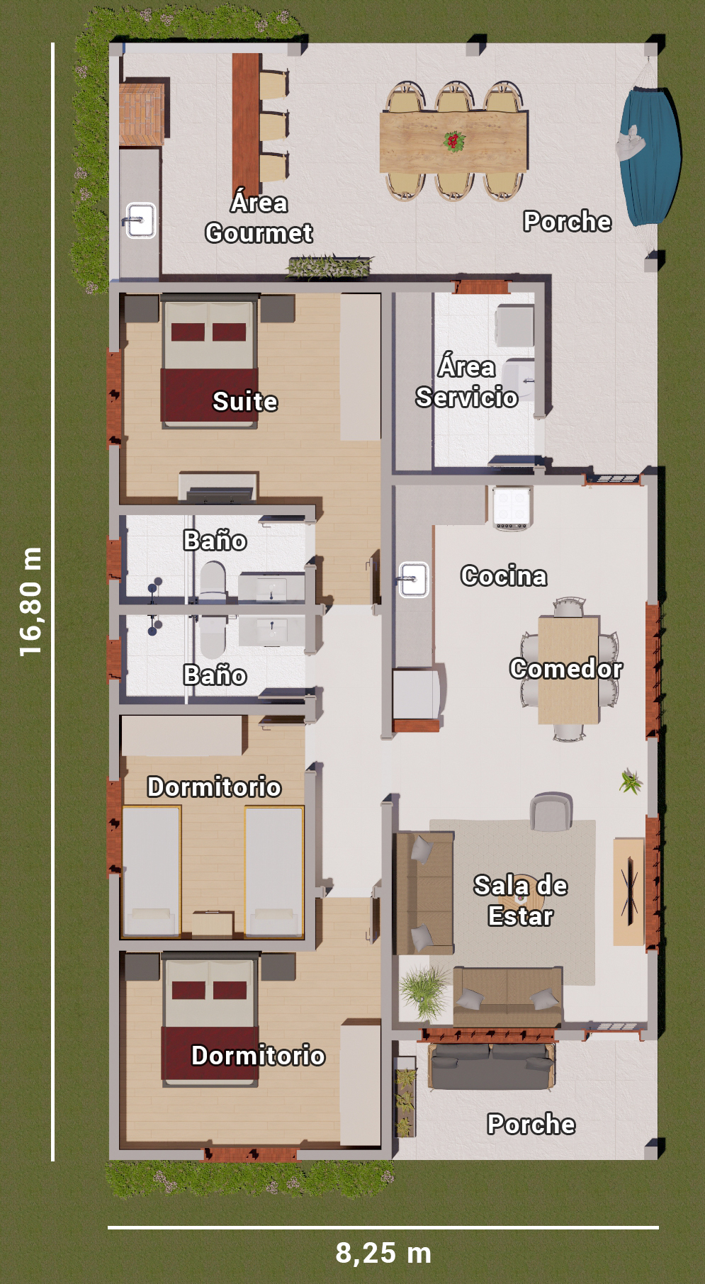 plano de casa pequeña con 3 dormitorios