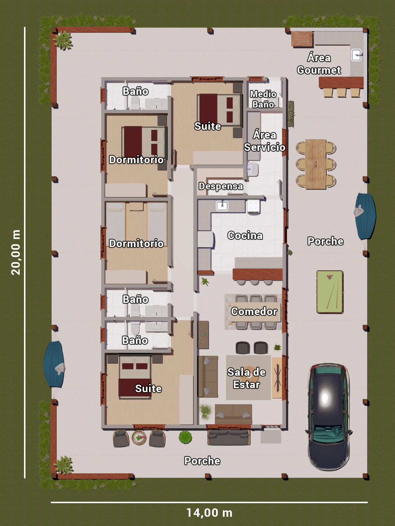 plano de casa con porche y 4 dormitorios