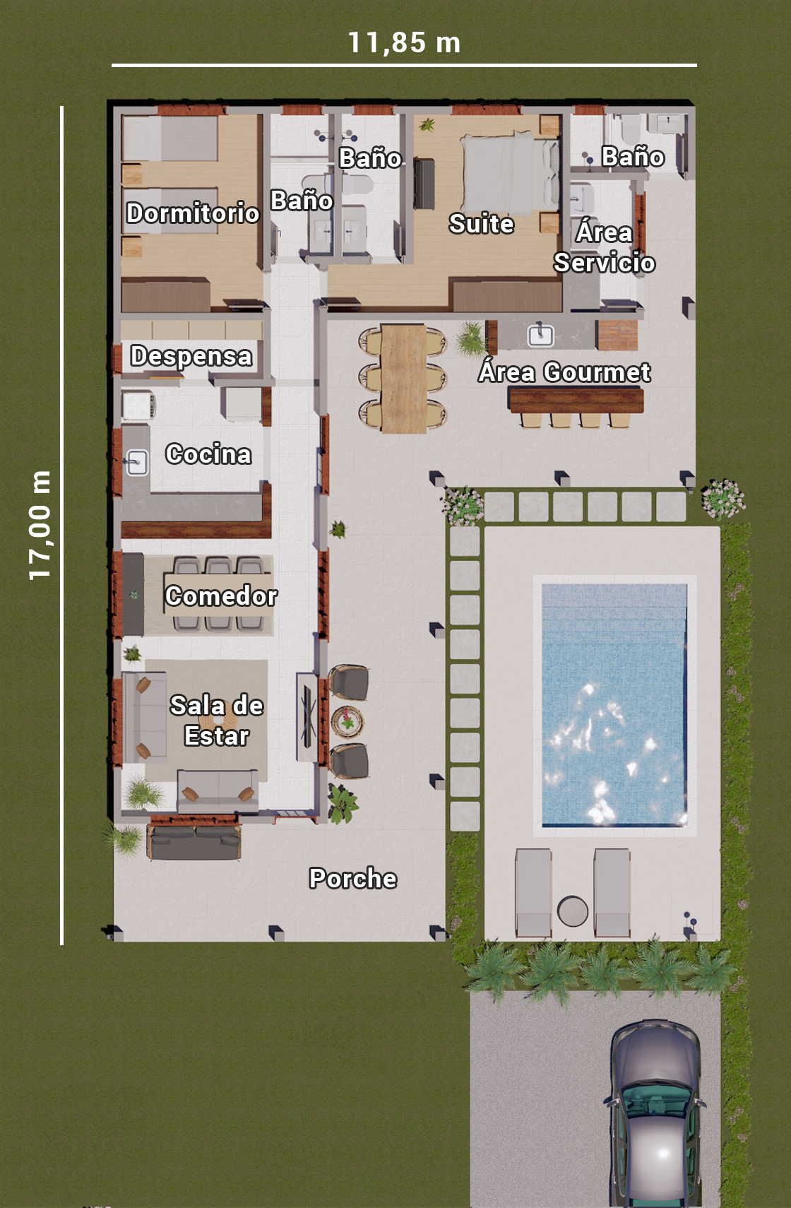 plano de casa de campo con piscina y 2 dormitorios
