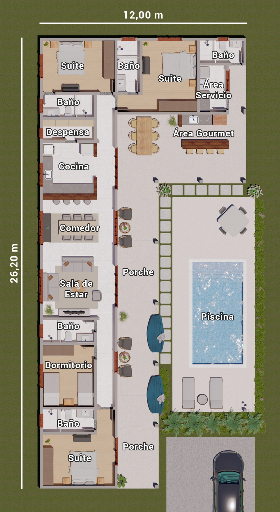 plano de casa de campo con piscina