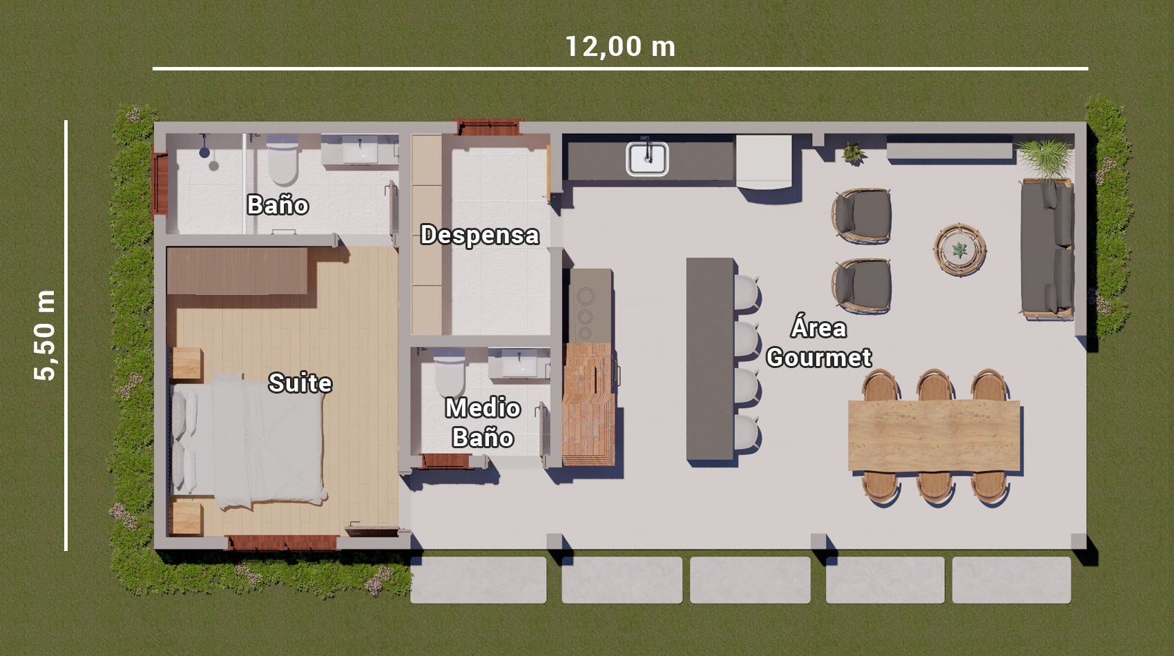 plano de área gourmet con 1 dormitorio