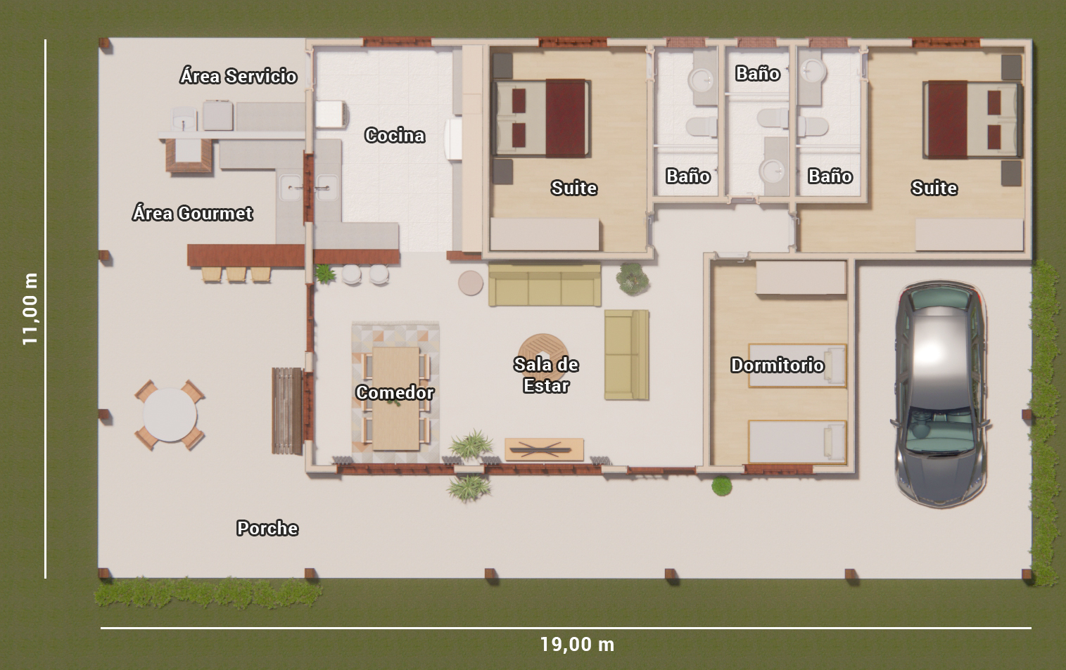 plano de casa de campo con 3 dormitorios