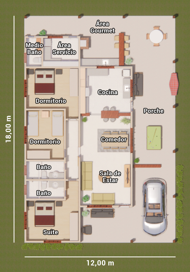 plano de casa de campo con 3 dormitorios