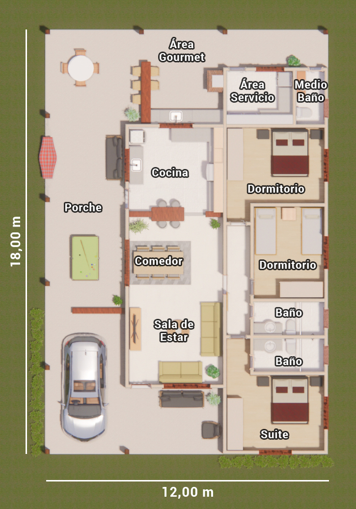 planta de casa con 3 dormitorios