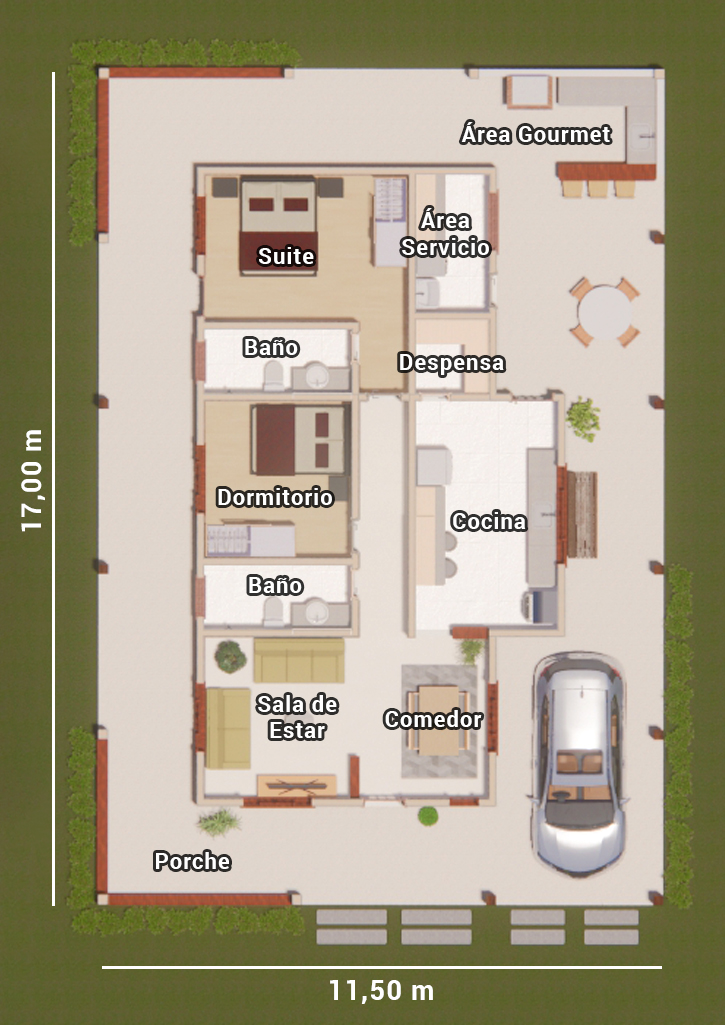plano de casa con porche y 2 dormitorios